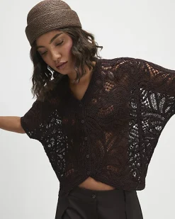 Brown Knitted Crochet Short Sleeve Cardigan