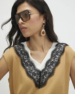 Brown Knitted Lace Trim V Neck Top