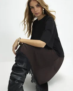 Brown Lace Hybrid T-Shirt Maxi Dress