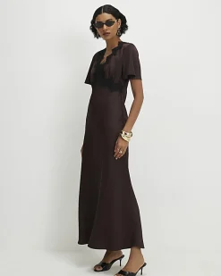 Brown Lace Satin Short Sleeve Slip Maxi Dress