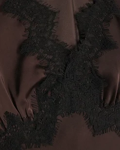 Brown Lace Satin Short Sleeve Slip Maxi Dress