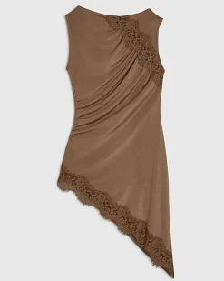 Brown Lace Trim Asymmetric Tunic Top