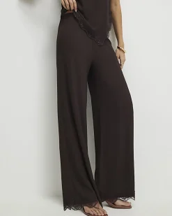 Brown Lace Trim Textured Wide Leg Trousers