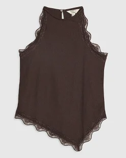 Brown Lace Trim Textured Halter Neck Top