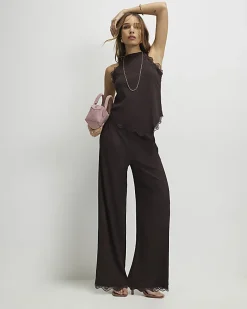 Brown Lace Trim Textured Halter Neck Top