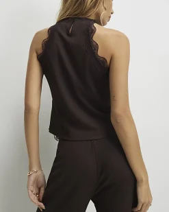 Brown Lace Trim Textured Halter Neck Top