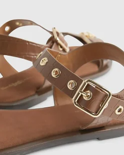 Brown Leather Buckle Detail Flat Sandals