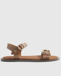 Brown Leather Buckle Detail Flat Sandals