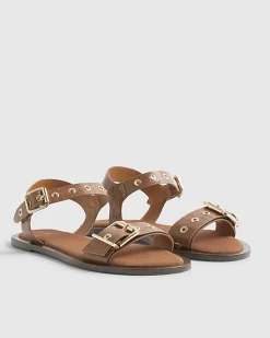 Brown Leather Buckle Detail Flat Sandals