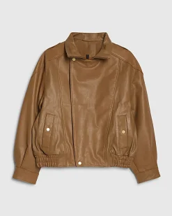 Brown Leather Funnel Bomber Jacket