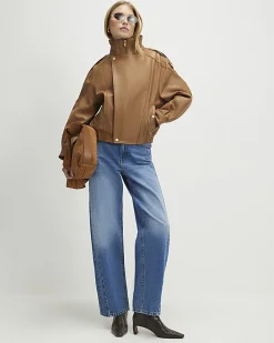 Brown Leather Funnel Bomber Jacket
