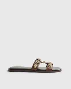 Brown Leather Studded Flat Sandals