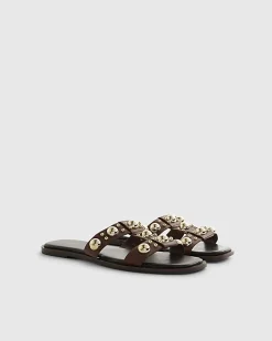 Brown Leather Studded Flat Sandals