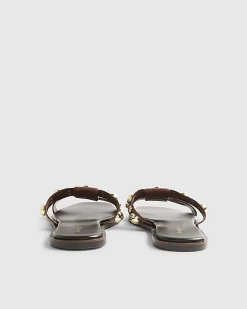 Brown Leather Studded Flat Sandals