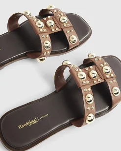 Brown Leather Studded Flat Sandals
