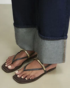 Brown Leather Toe Thong Bangle Flat Sandals