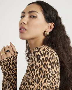 Brown Leopard Print Long Sleeve Fitted Top