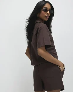 Brown Linen Blend Boxy Shirt