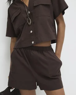 Brown Linen Blend Pull On Shorts