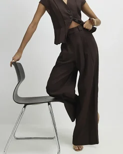 Brown Linen Blend Tailored Wide Leg Trousers