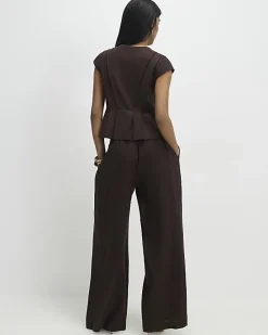 Brown Linen Blend Tailored Wide Leg Trousers