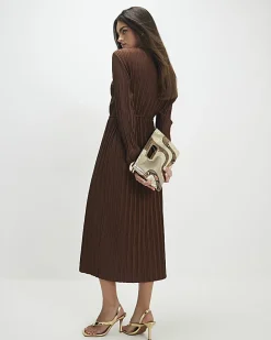 Brown Long Sleeve Plisse Belted Midi Dress