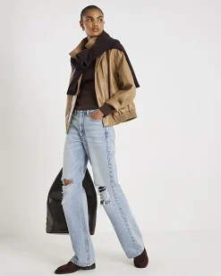 Brown Long Sleeve Ribbed Crew Neck Top