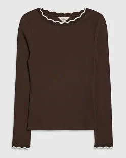 Brown Long Sleeve Scallop Trim Top