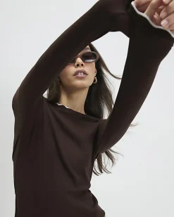 Brown Long Sleeve Scallop Trim Top