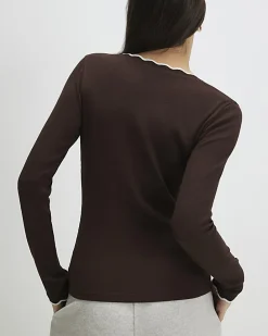 Brown Long Sleeve Scallop Trim Top