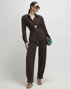 Brown Long Sleeve Shoulder Padded Shirt