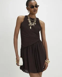 Brown Mesh Bubble Hem Mini Dress