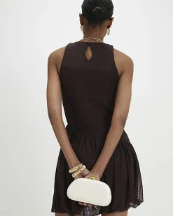 Brown Mesh Bubble Hem Mini Dress