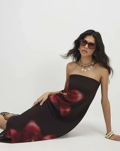 Brown Mesh Floral Bandeau Midi Dress