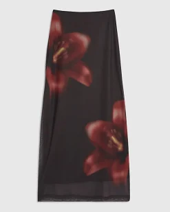 Brown Mesh Floral Print Maxi Skirt
