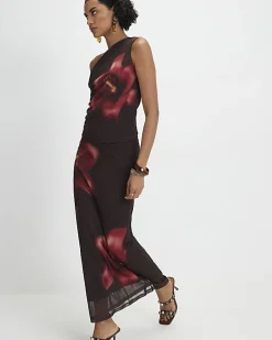 Brown Mesh Floral Print Maxi Skirt