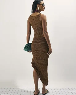 Brown Metallic Knit Asymmetric Midi Dress