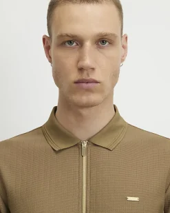 Brown Muscle Fit Quarter Zipped Polo Shirt