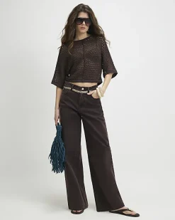 Brown Open Stitch Knitted T-Shirt