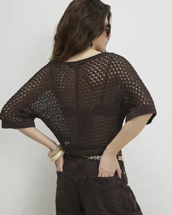 Brown Open Stitch Knitted T-Shirt