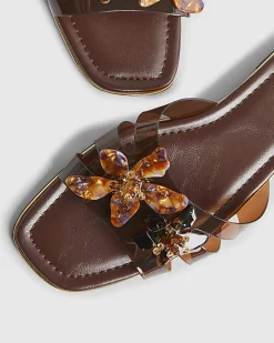 Brown Perspex Flower Flat Sandals