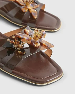 Brown Perspex Flower Flat Sandals