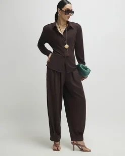 Brown Pleat Front Tapered Trousers