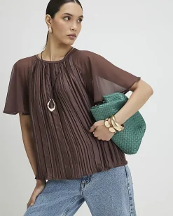 Brown Pleated Hybrid Short Sleeve T-Shirt