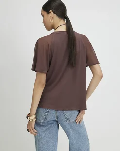 Brown Pleated Hybrid Short Sleeve T-Shirt