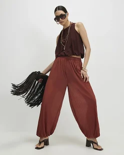 Brown Pleated Mesh Balloon Leg Trousers
