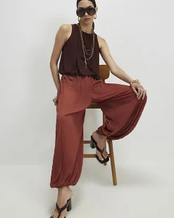 Brown Pleated Mesh Balloon Leg Trousers
