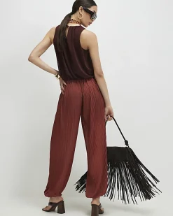 Brown Pleated Mesh Balloon Leg Trousers