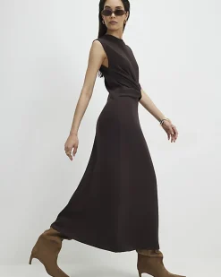 Brown Premium Twist Front Midi Dress