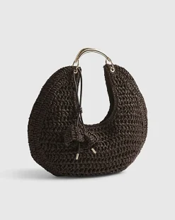 Brown Raffia Metal Handle Scoop Bag